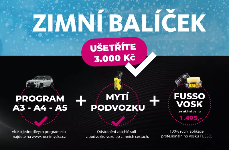 Zimní balíček: program A3, A4 nebo A5, mytí podvozku a vosk Fusso za akční cenu 1 495 Kč