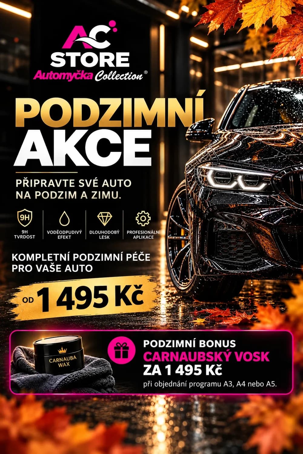 Podzimní akce: kompletní podzimní péče od 1 495 Kč, carnaubský vosk za 1 495 Kč k programu A3, A4 nebo A5